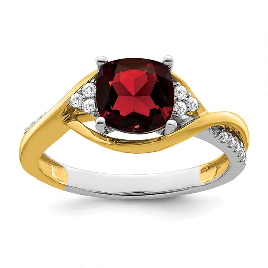 14k Two-Tone Gold Cushion Garnet and Real Diamond Ring