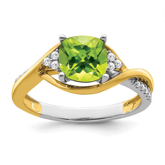 Solid 14k Two-tone Cushion Simulated Peridot and CZ Ring