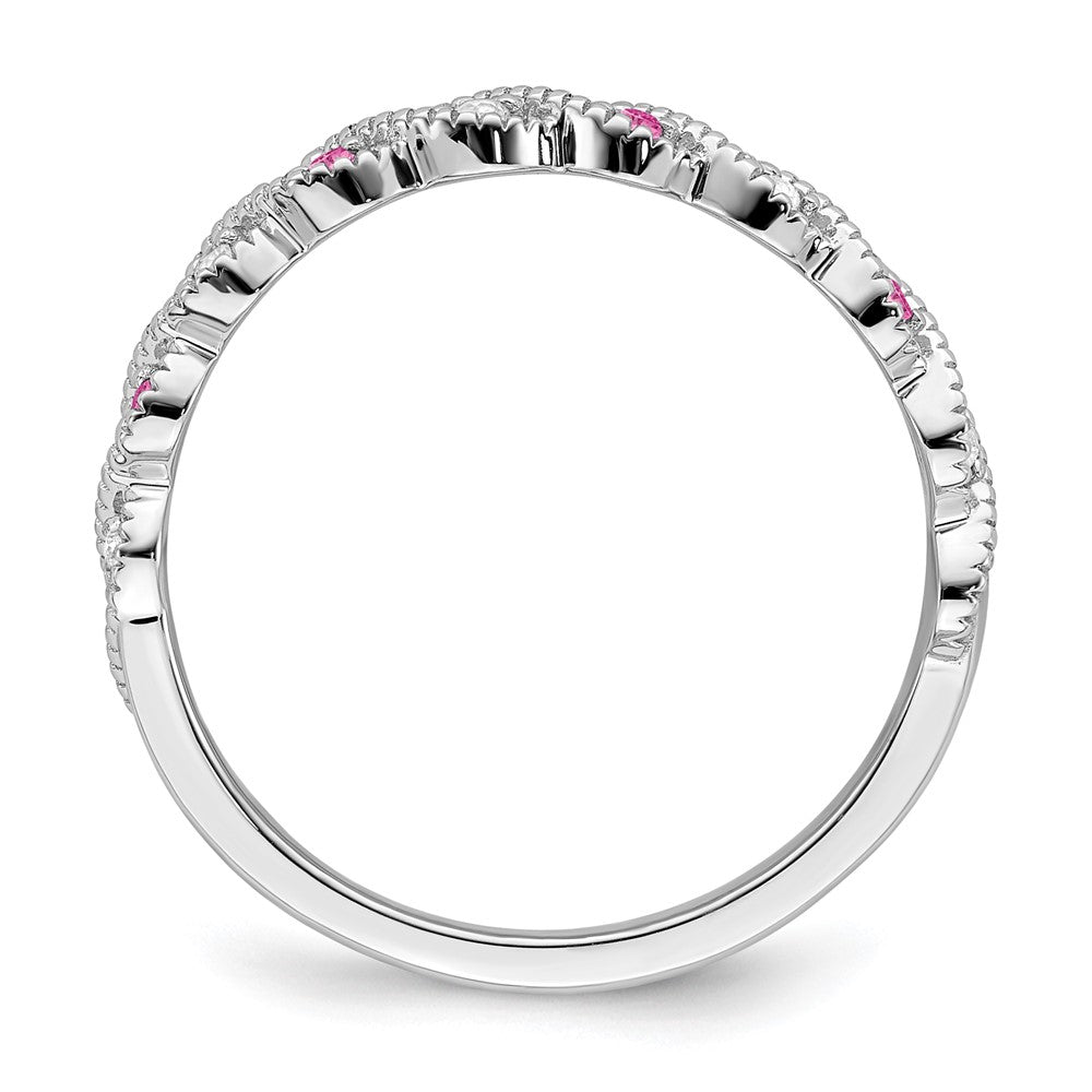 14k White Gold Created Pink Sapphire and Real Diamond Twist Band