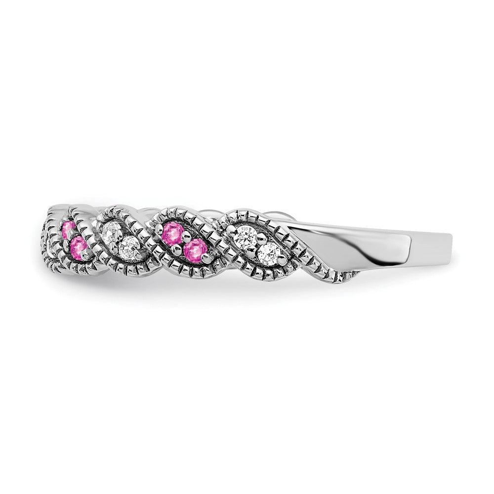 14k White Gold Created Pink Sapphire and Real Diamond Twist Band