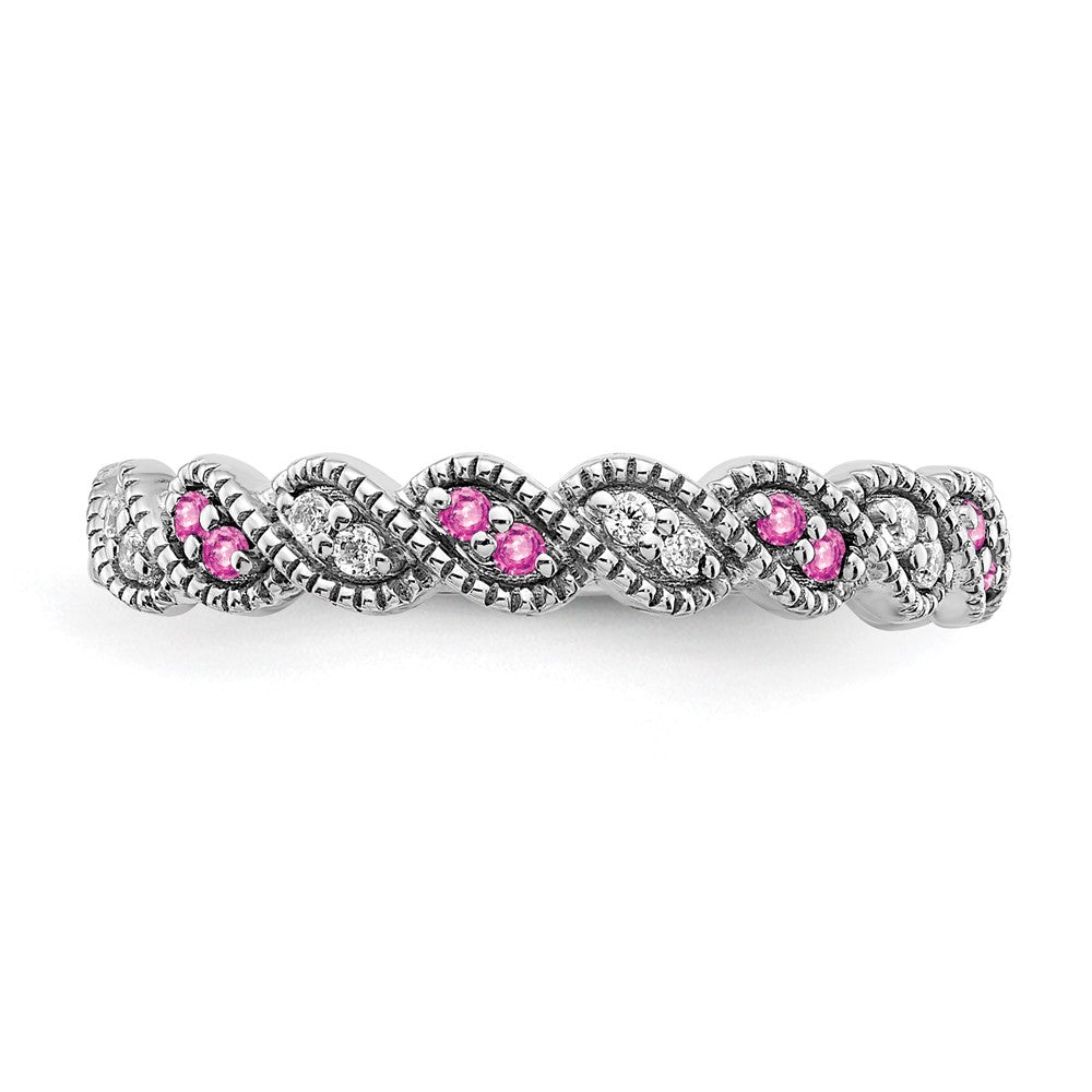 14k White Gold Created Pink Sapphire and Real Diamond Twist Band