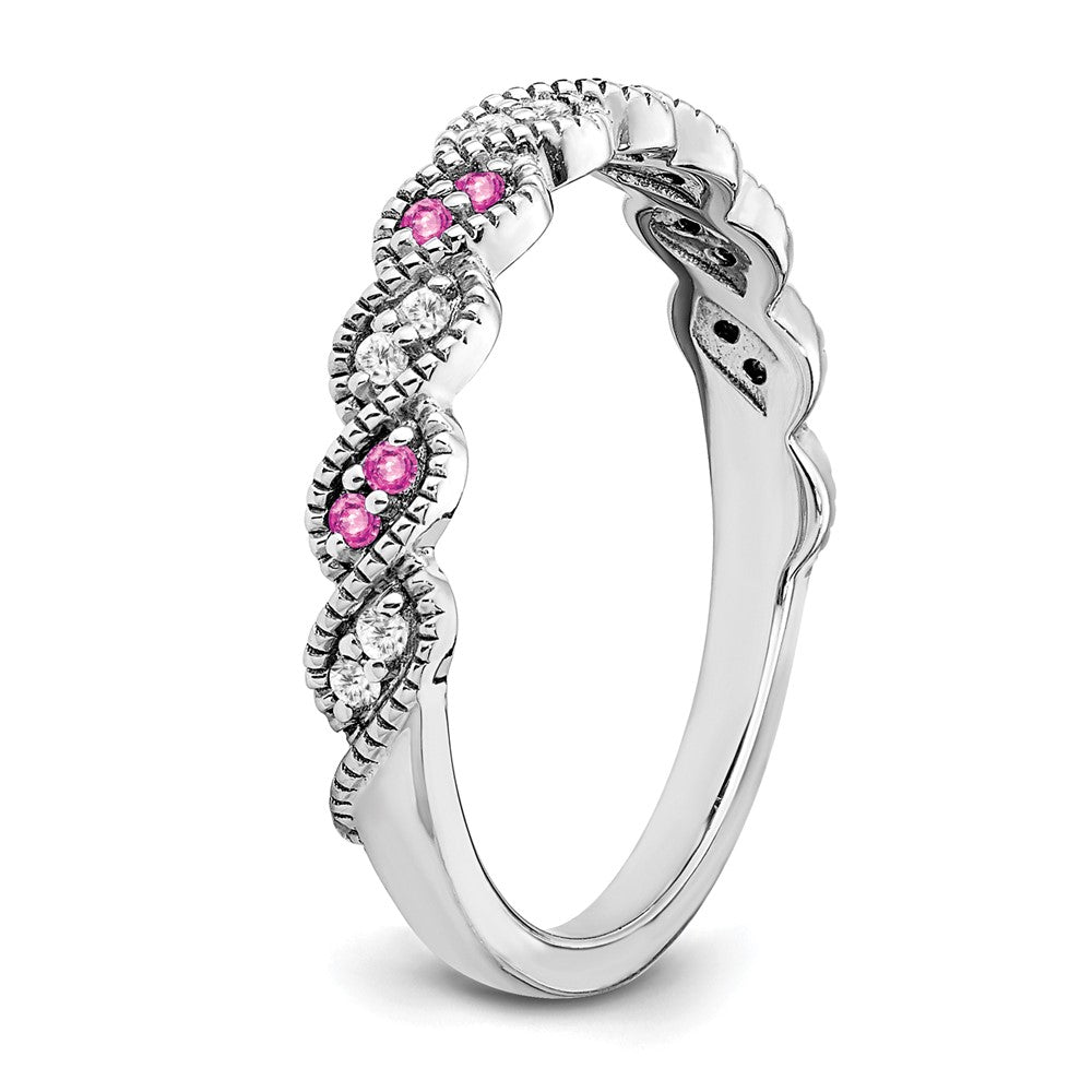 14k White Gold Created Pink Sapphire and Real Diamond Twist Band