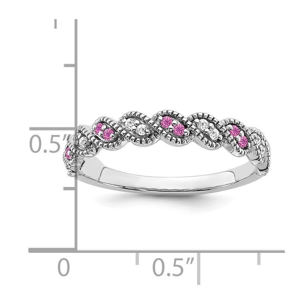 14k White Gold Created Pink Sapphire and Real Diamond Twist Band