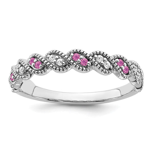 14k White Gold Created Pink Sapphire and Real Diamond Twist Band