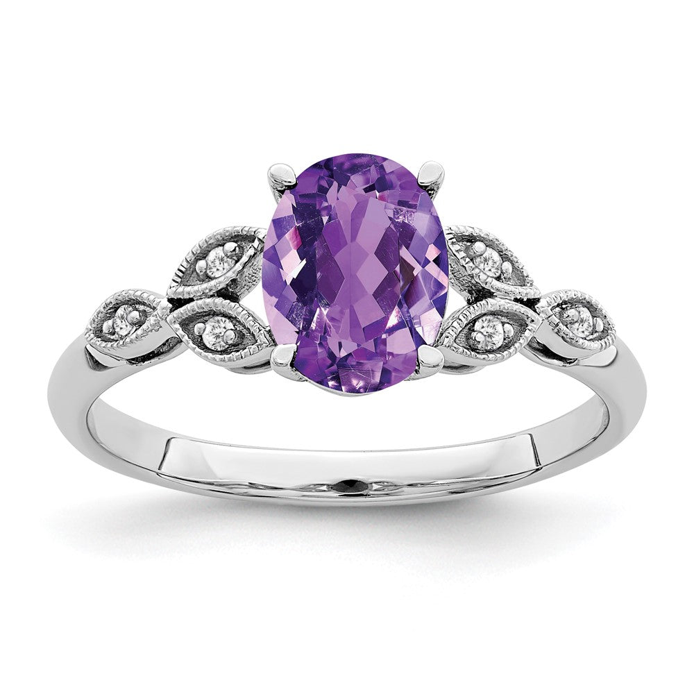 14k White Gold Oval Amethyst and Real Diamond Ring