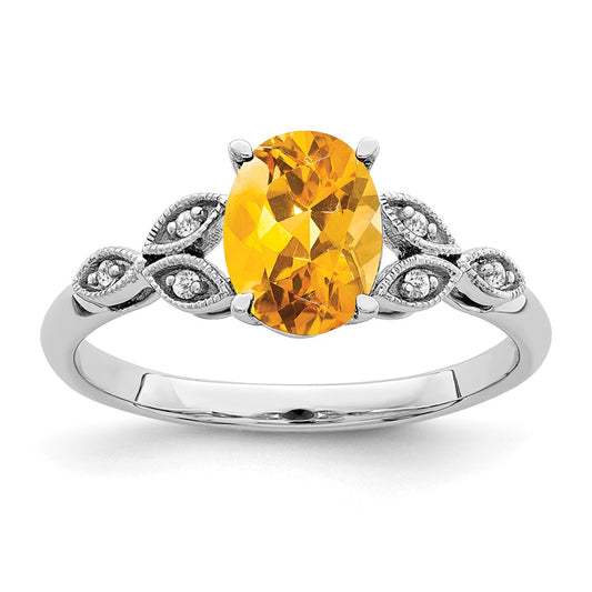 14k White Gold Oval Citrine and Real Diamond Ring