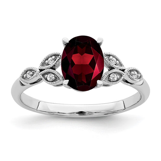 14k White Gold Oval Garnet and Real Diamond Ring