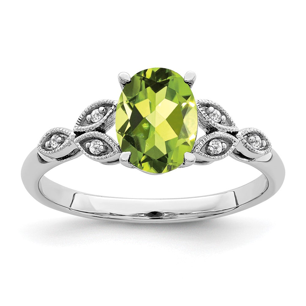 14k White Gold Oval Peridot and Real Diamond Ring