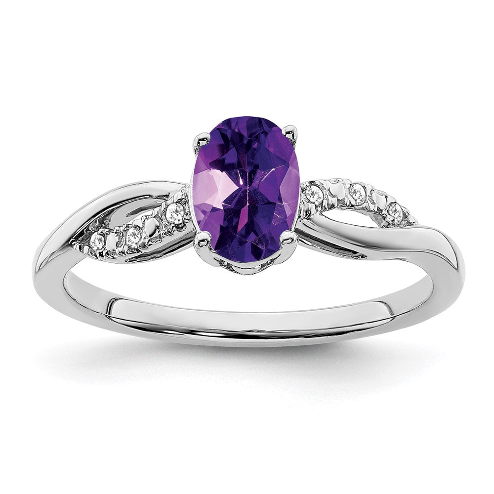 Solid 14k White Gold Oval Simulated Amethyst and CZ Ring