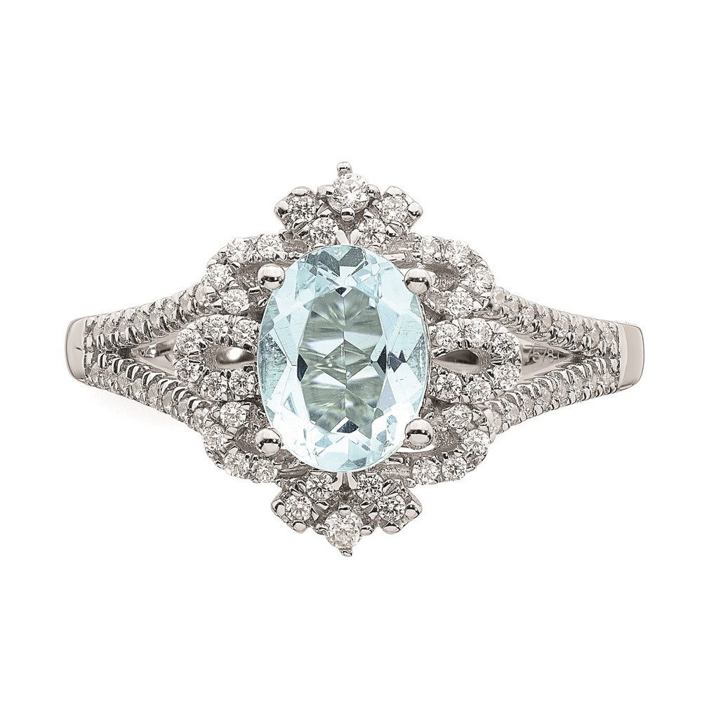 Solid 14k White Gold Simulated Aquamarine Vintage CZ Halo Complete Engagement Ring