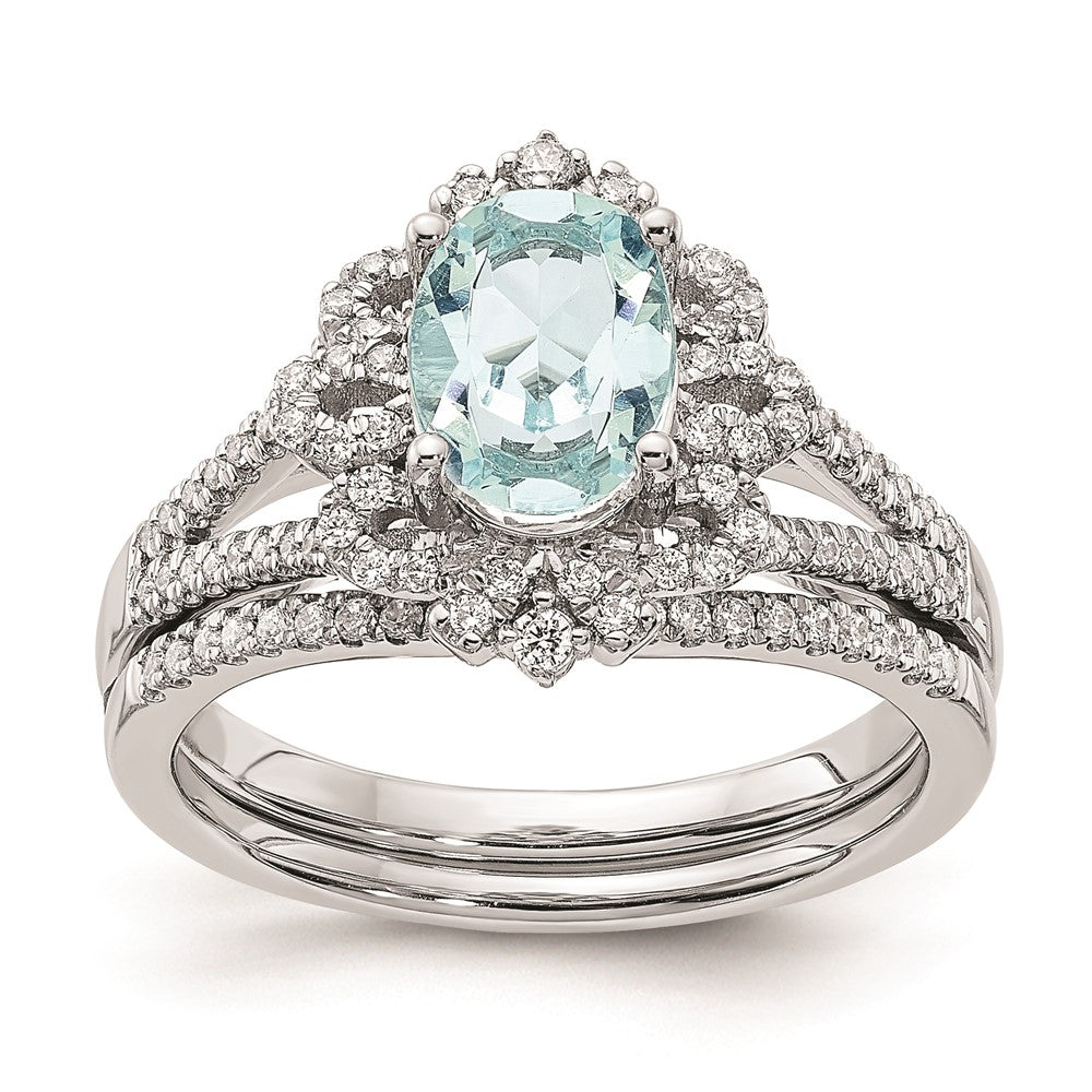 Solid 14k White Gold Simulated Aquamarine Vintage CZ Halo Complete Engagement Ring