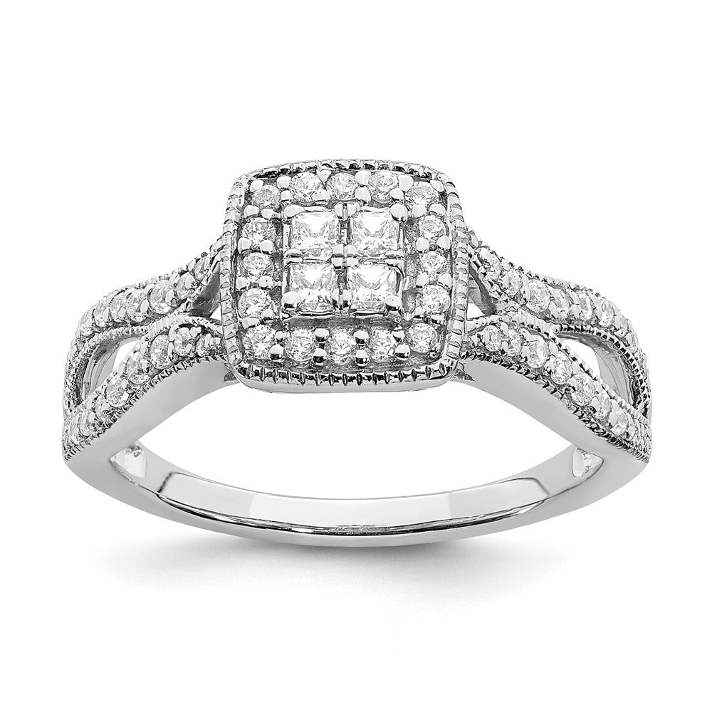 0.50ct. CZ Solid Real 14k White Gold Cluster CZ Engagement Ring