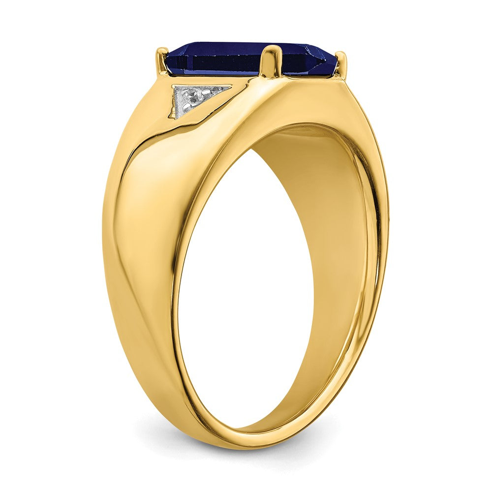 14K Yellow Gold Emerald-cut Created Sapphire and Real Diamond Polished Mens Ring