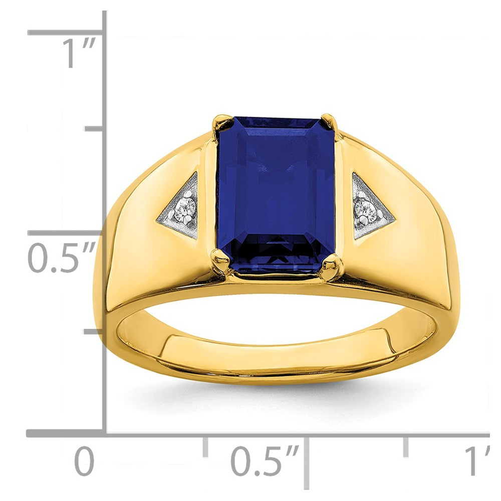 14K Yellow Gold Emerald-cut Created Sapphire and Real Diamond Polished Mens Ring