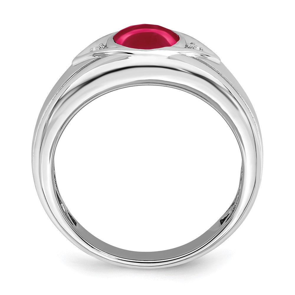 14k White Gold Created Ruby and Real Diamond Mens Ring