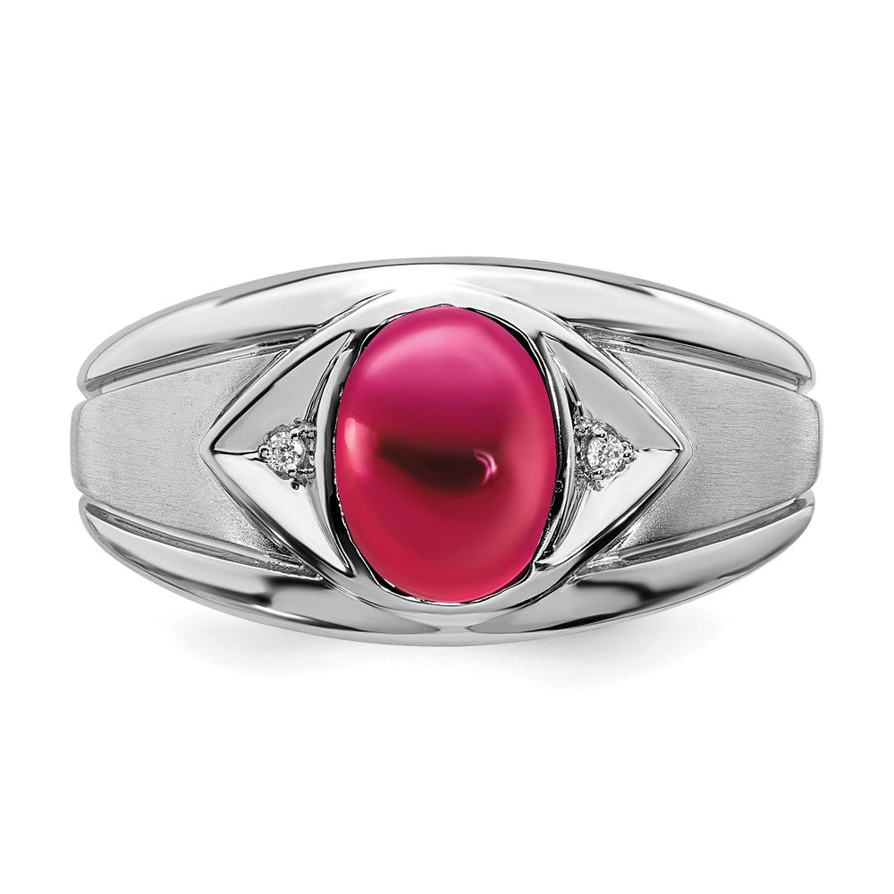 14k White Gold Created Ruby and Real Diamond Mens Ring