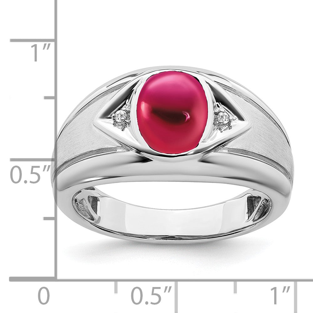 14k White Gold Created Ruby and Real Diamond Mens Ring