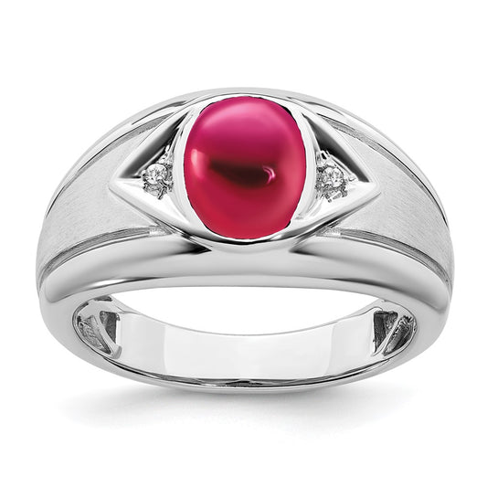 14k White Gold Created Ruby and Real Diamond Mens Ring