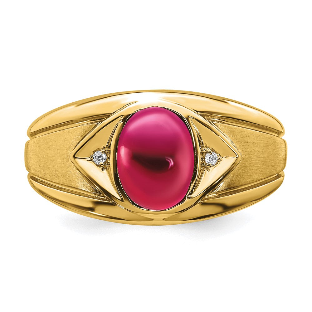 14K Yellow Gold Created Ruby and Real Diamond Mens Ring