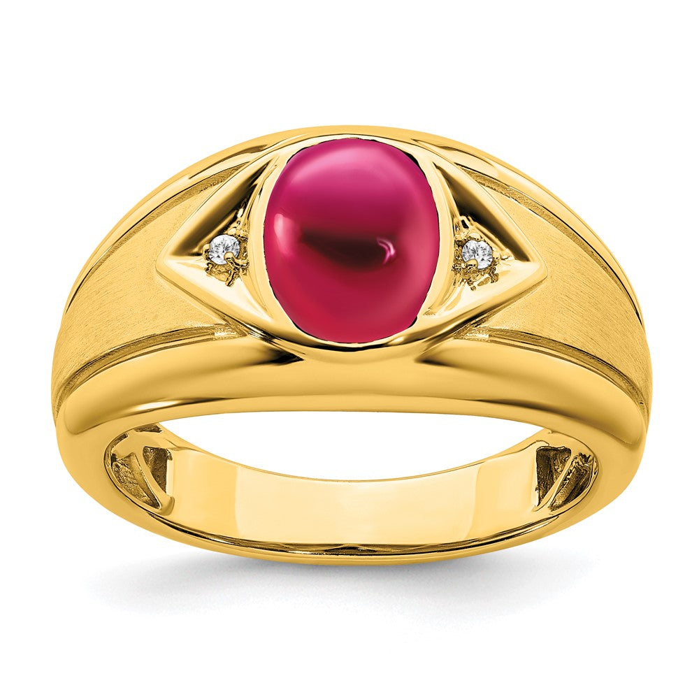 14K Yellow Gold Created Ruby and Real Diamond Mens Ring