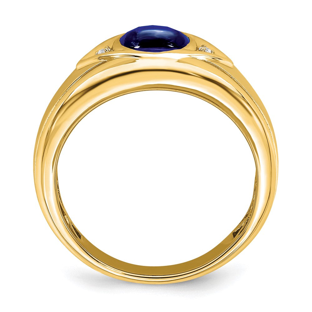 14K Yellow Gold Created Sapphire and Real Diamond Mens Ring