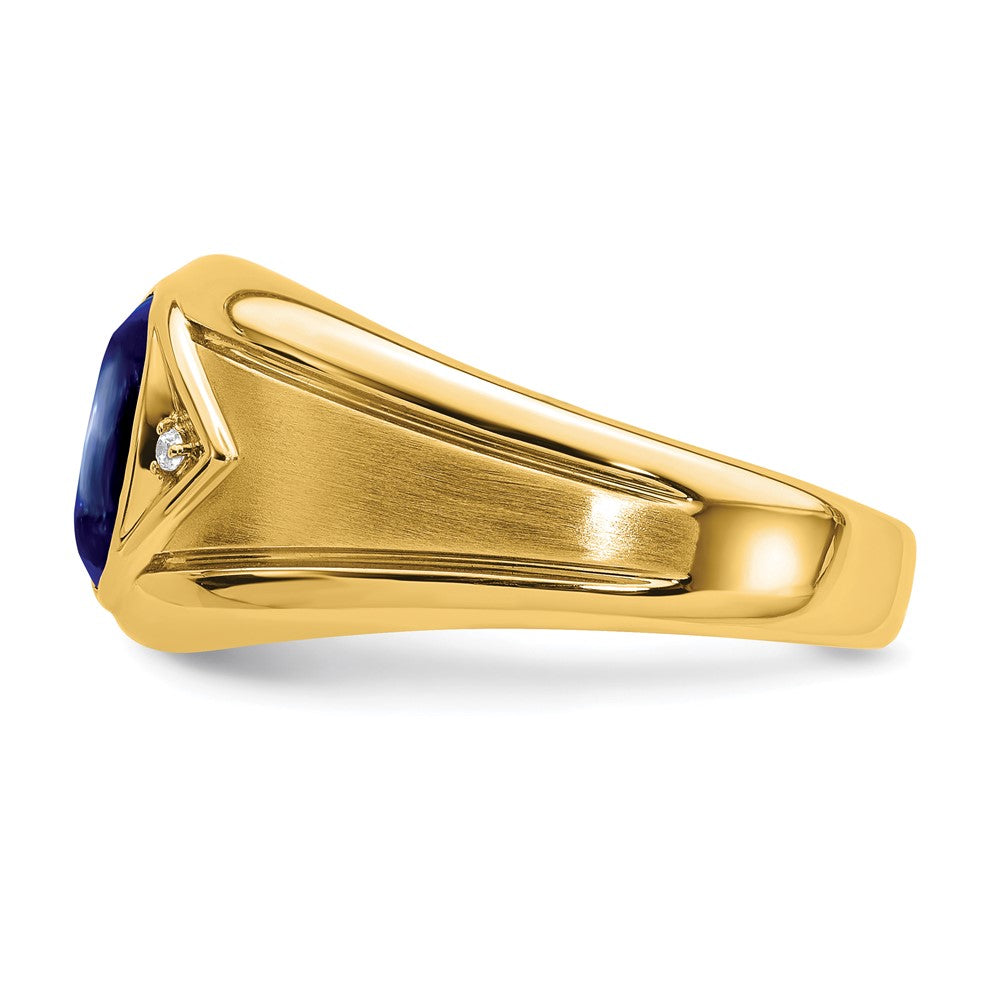 14K Yellow Gold Created Sapphire and Real Diamond Mens Ring