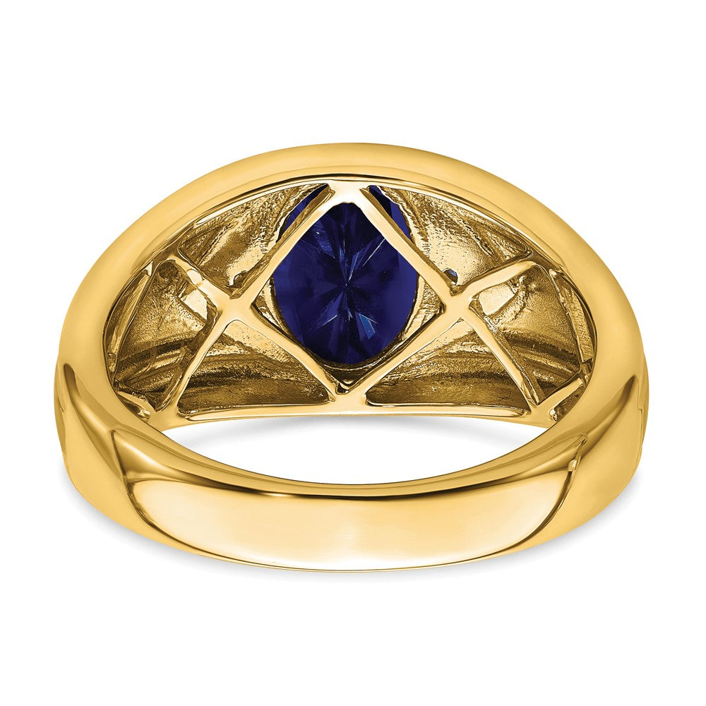 14K Yellow Gold Created Sapphire and Real Diamond Mens Ring