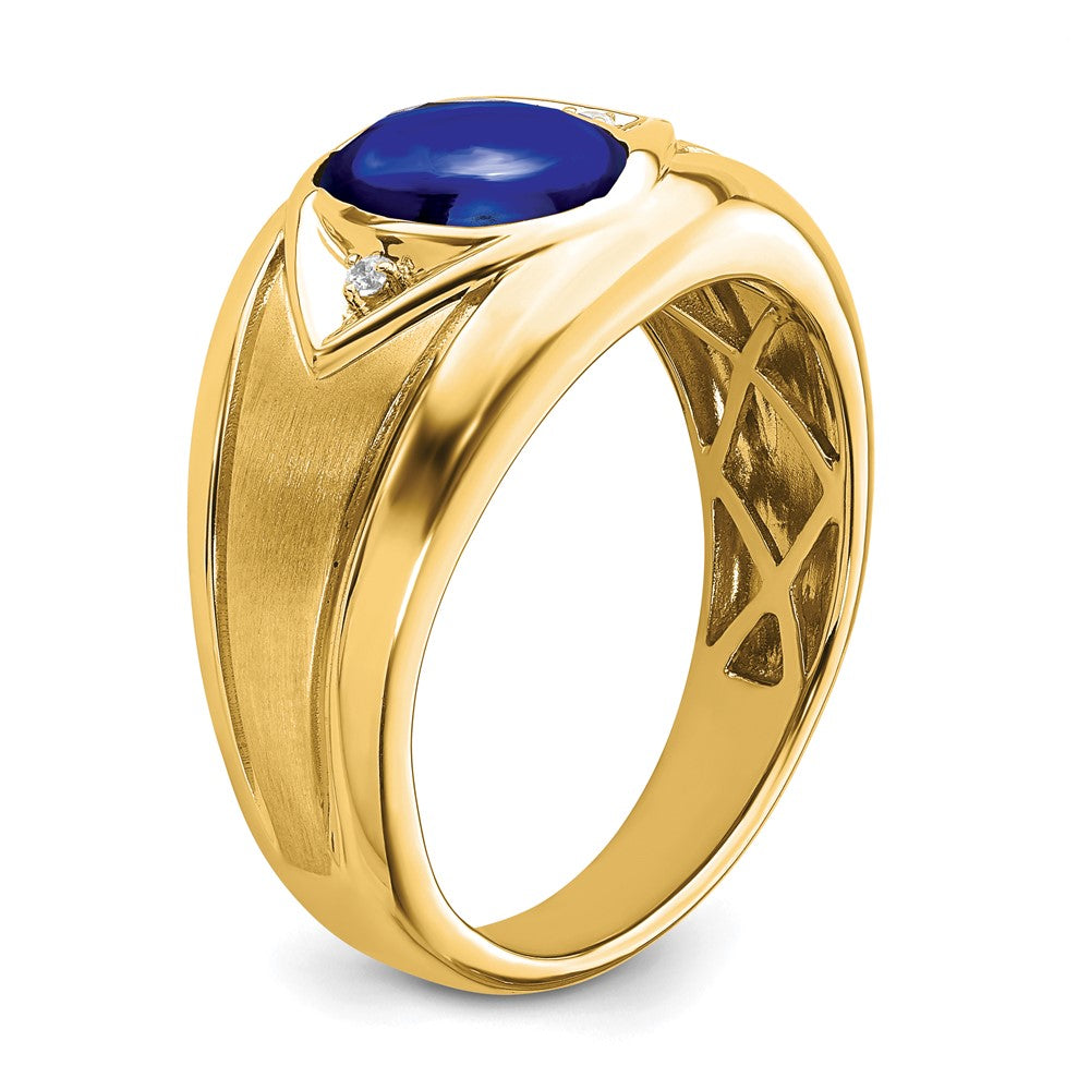 14K Yellow Gold Created Sapphire and Real Diamond Mens Ring