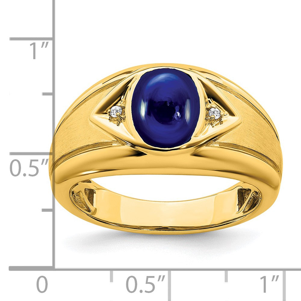 14K Yellow Gold Created Sapphire and Real Diamond Mens Ring