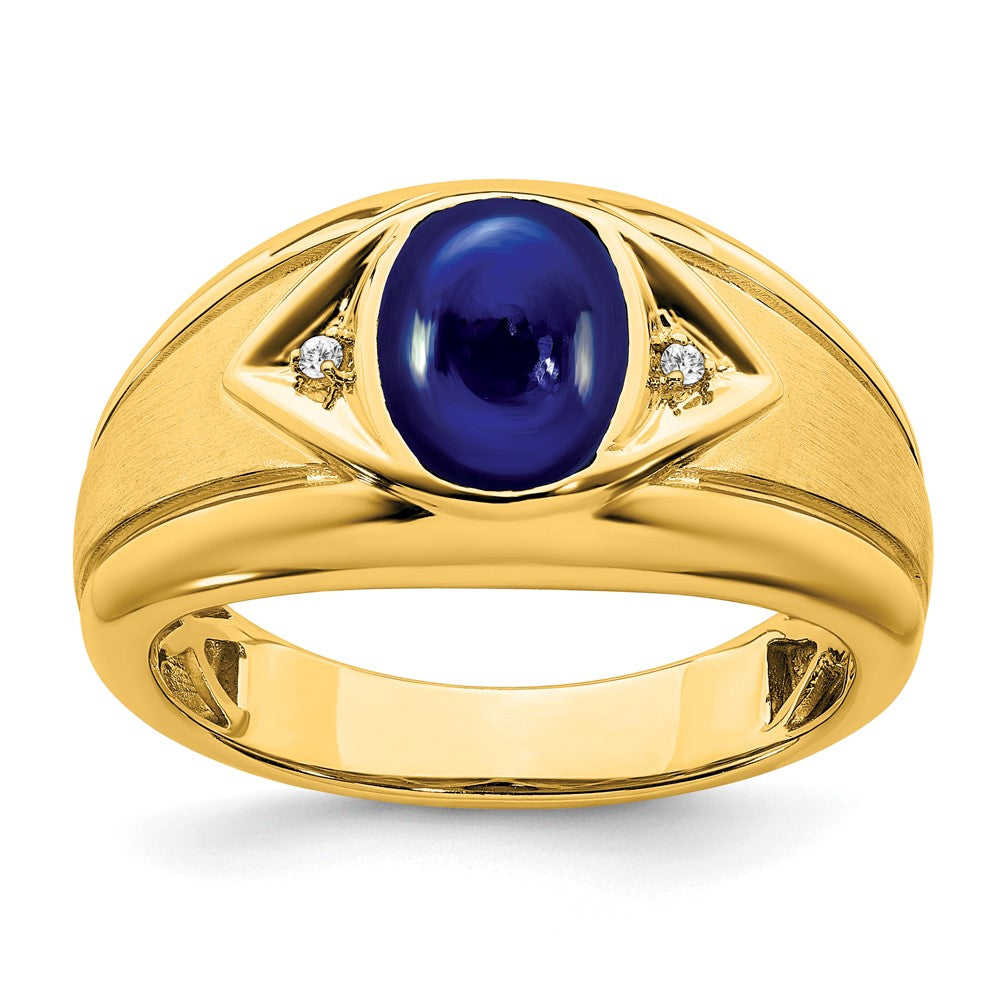 14K Yellow Gold Created Sapphire and Real Diamond Mens Ring