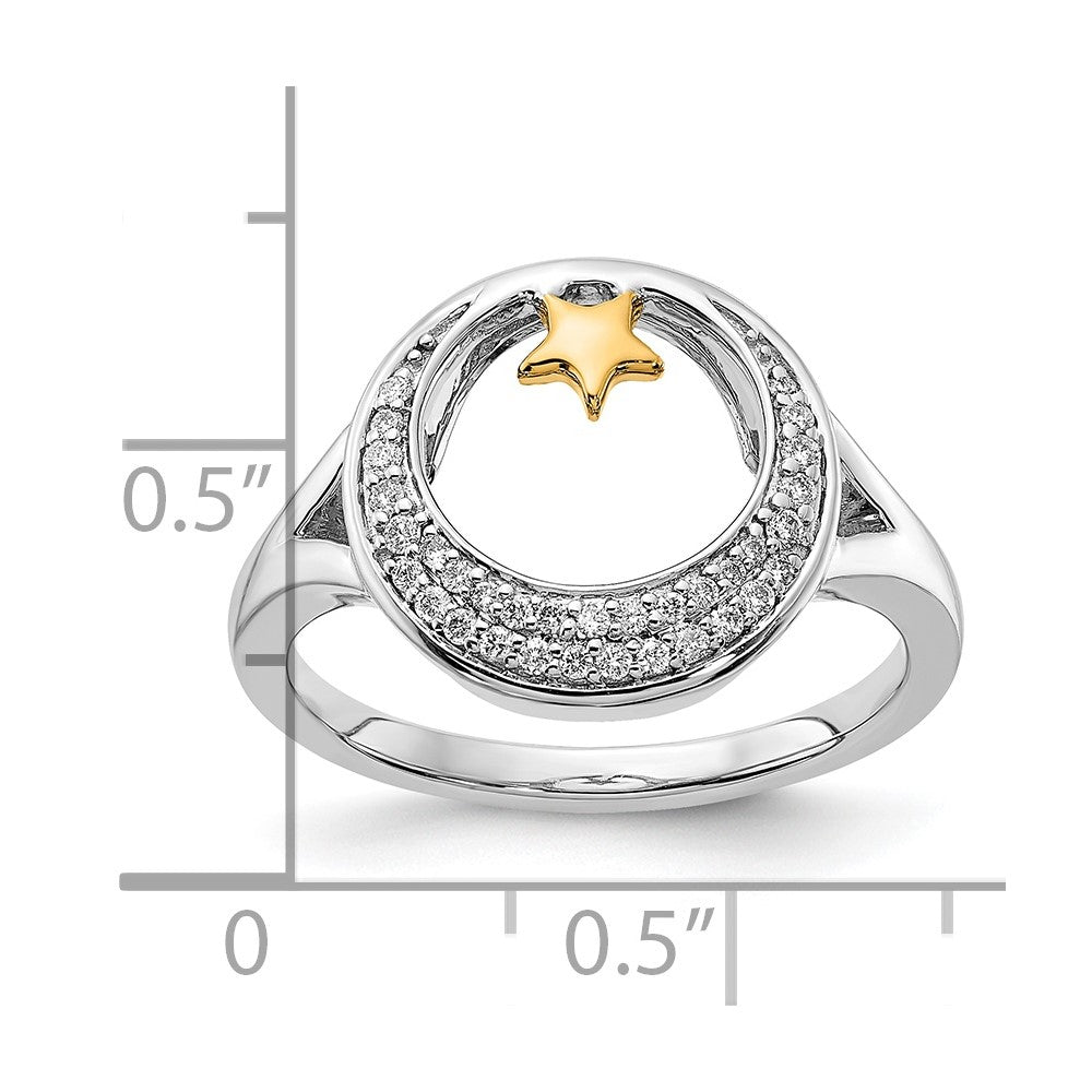 14k Two-Tone Gold Polished Moon and Star Real Diamond Ring