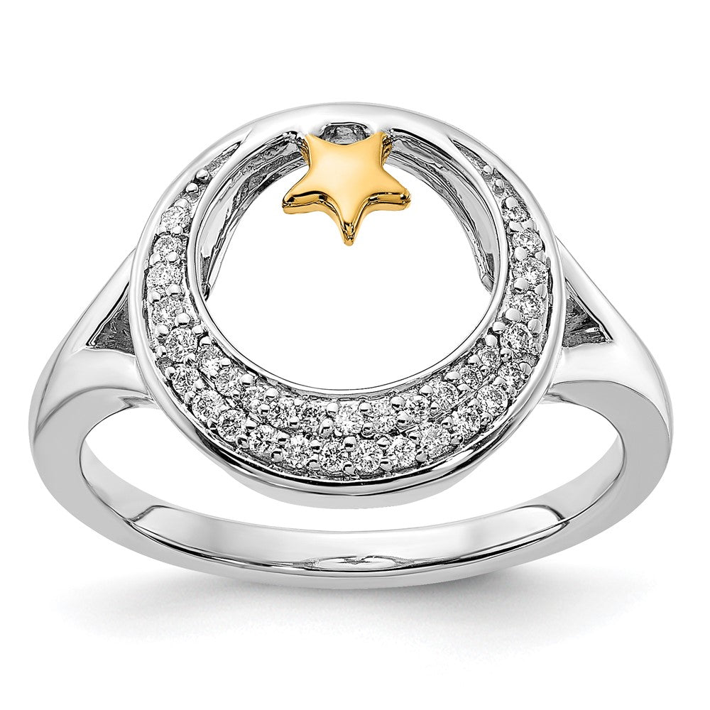 14k Two-Tone Gold Polished Moon and Star Real Diamond Ring