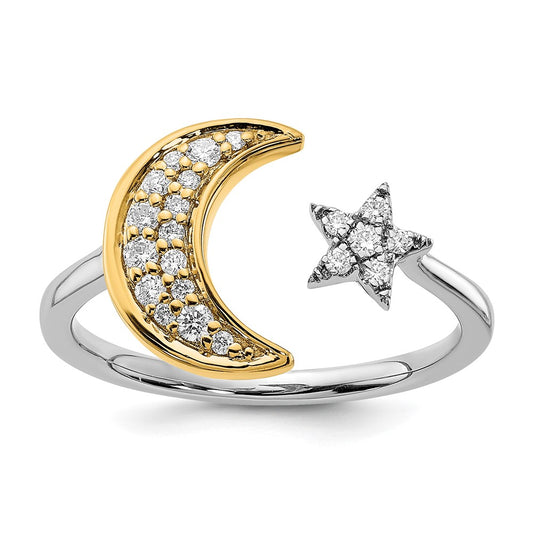 14k Two-Tone Gold Real Diamond Moon w/Star Ring