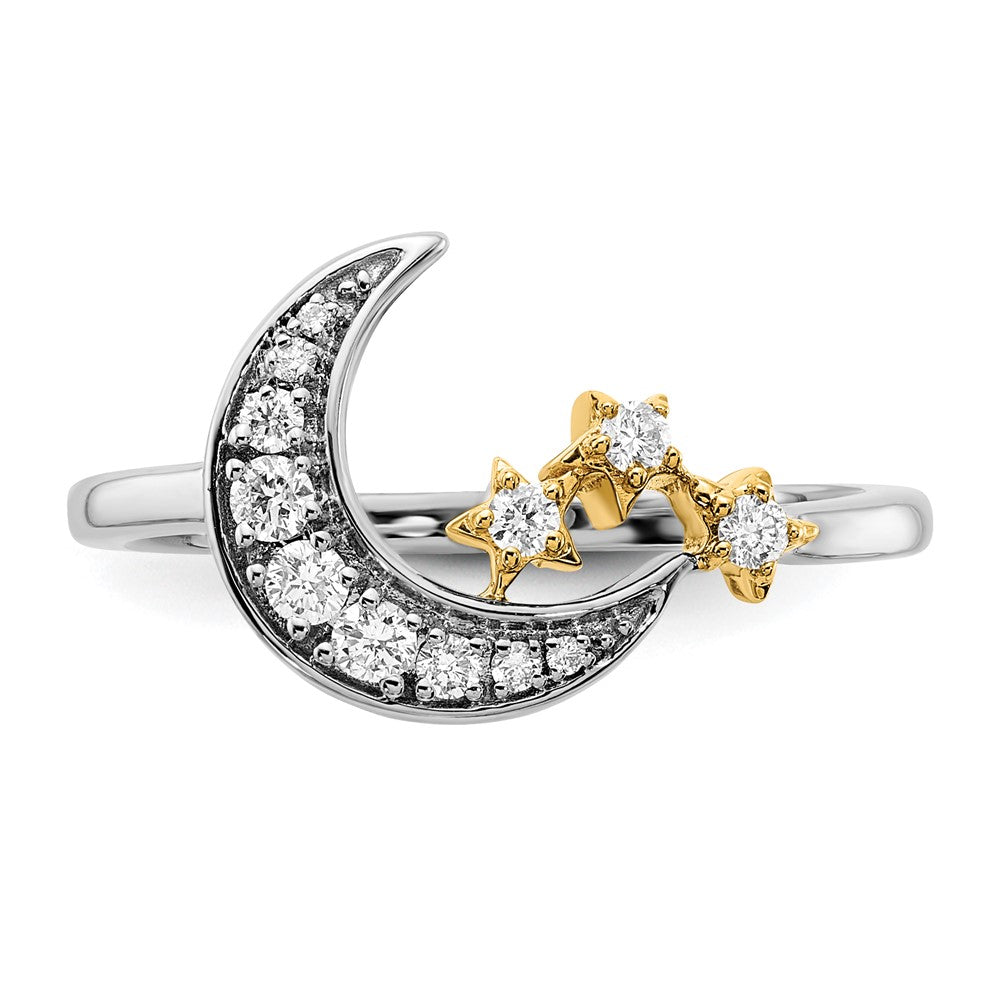 14k Two-Tone Gold Real Diamond Moon w/3-Stars Ring