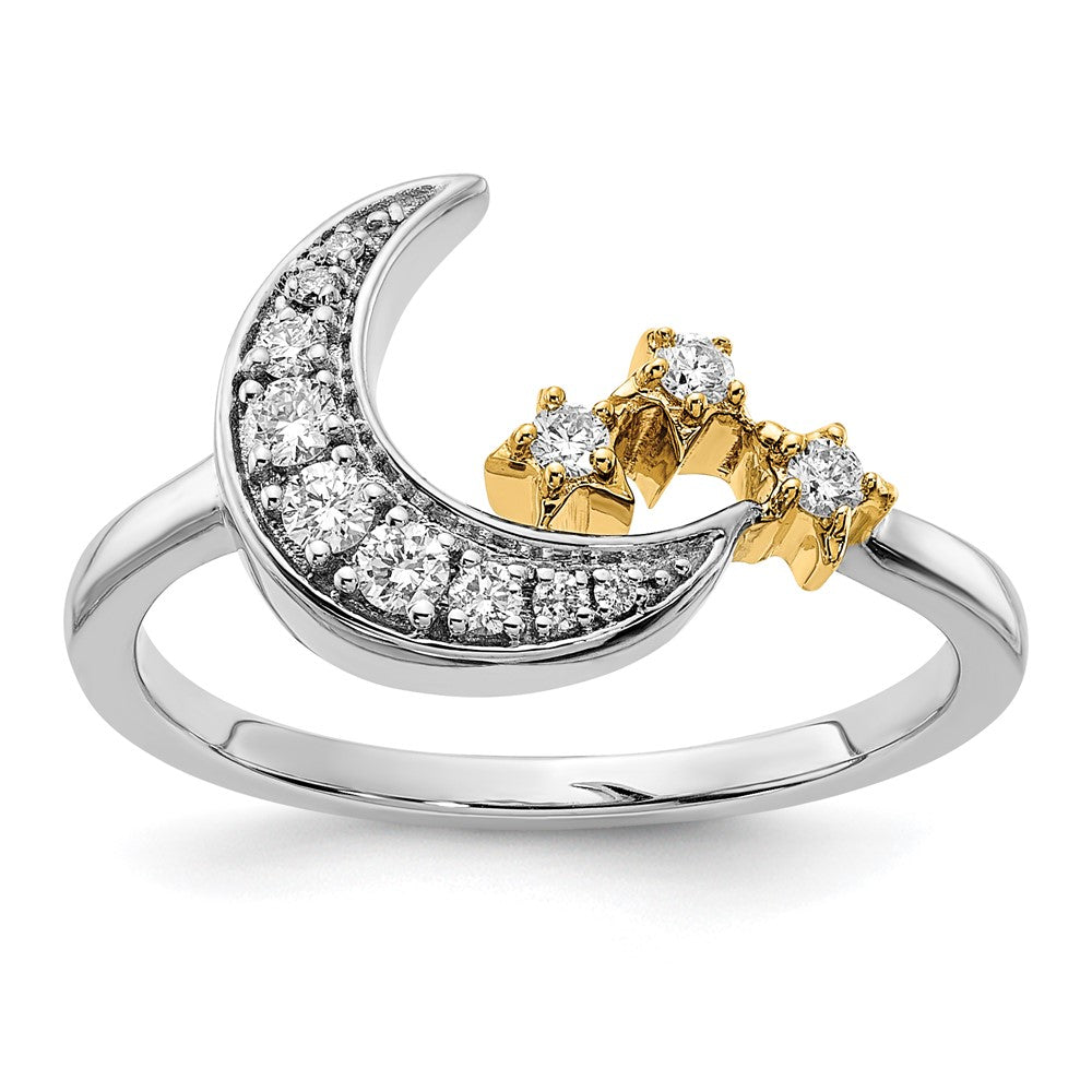 14k Two-Tone Gold Real Diamond Moon w/3-Stars Ring