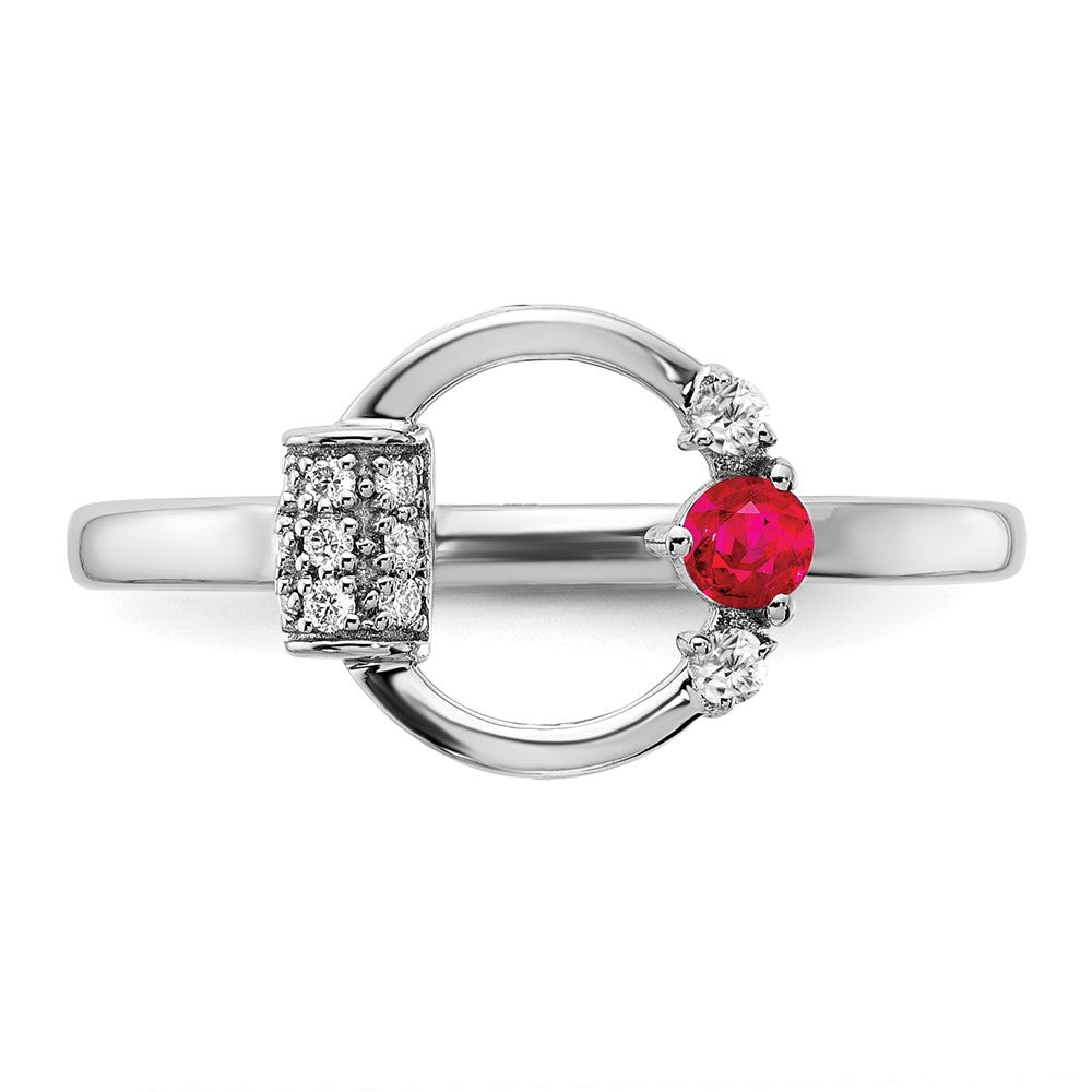 14K White Gold Polished Real Diamond and Ruby Circle Ring