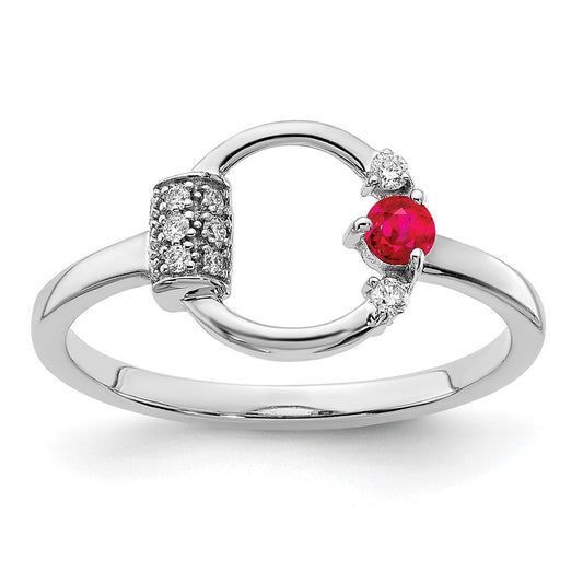 14K White Gold Polished Real Diamond and Ruby Circle Ring