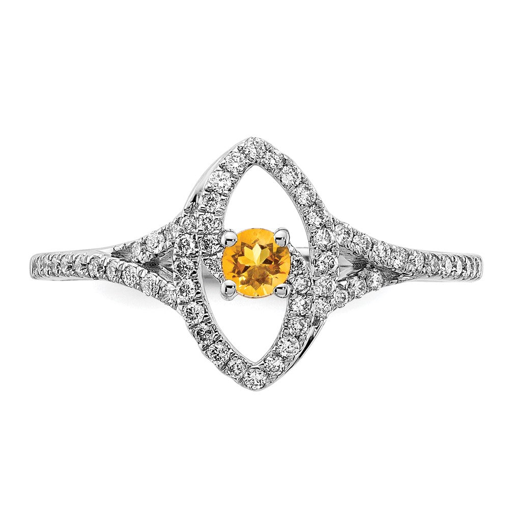 14k White Gold Polished Real Diamond and Citrine Ring