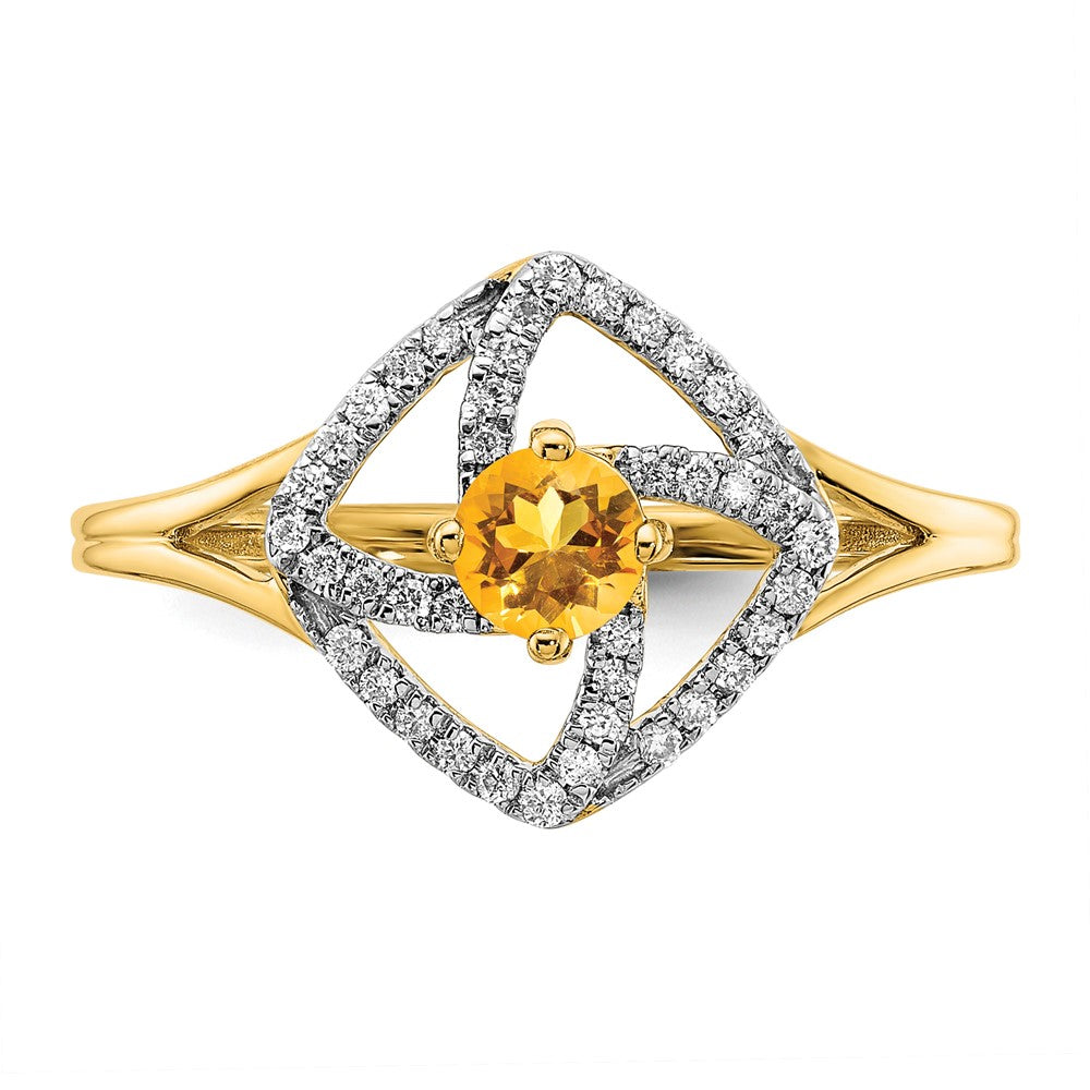 14K Yellow Gold Polished Real Diamond and Citrine Square Ring