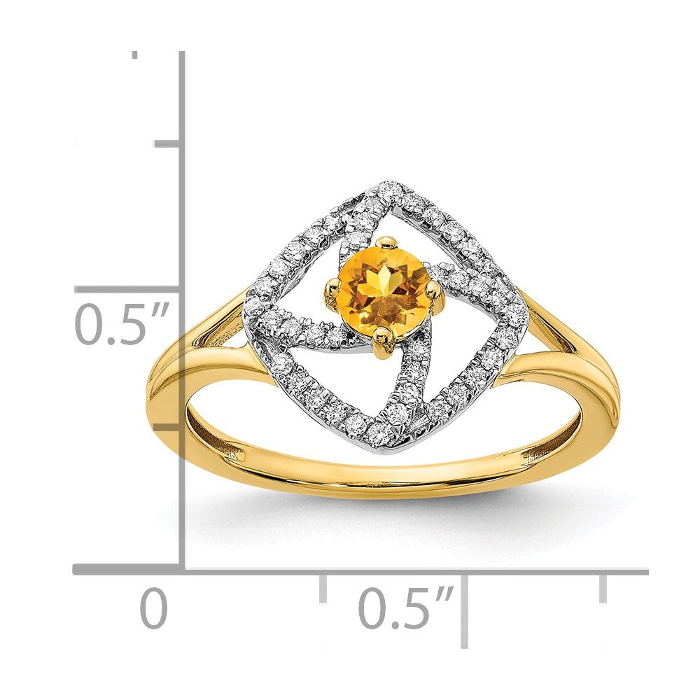 14K Yellow Gold Polished Real Diamond and Citrine Square Ring