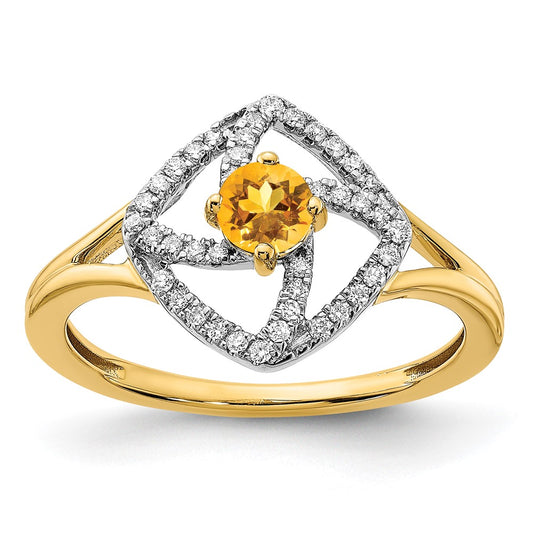 14K Yellow Gold Polished Real Diamond and Citrine Square Ring