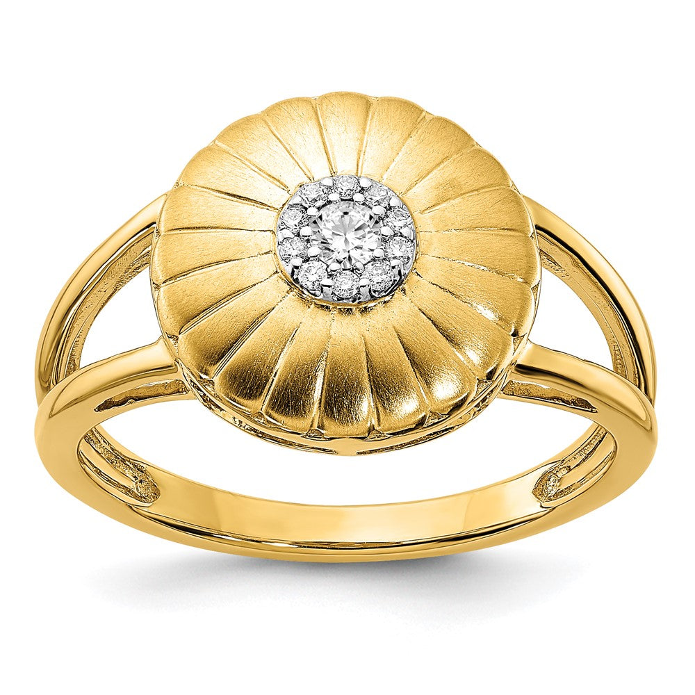 14K Yellow Gold Satin Real Diamond Flower Ring