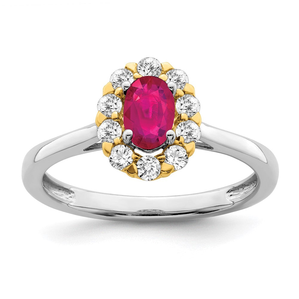 14k Two-Tone Gold Genuine Ruby and Real Diamond Halo Ring