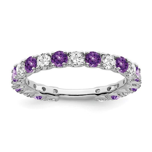 Solid 14k White Gold Simulated Amethyst and CZ Band