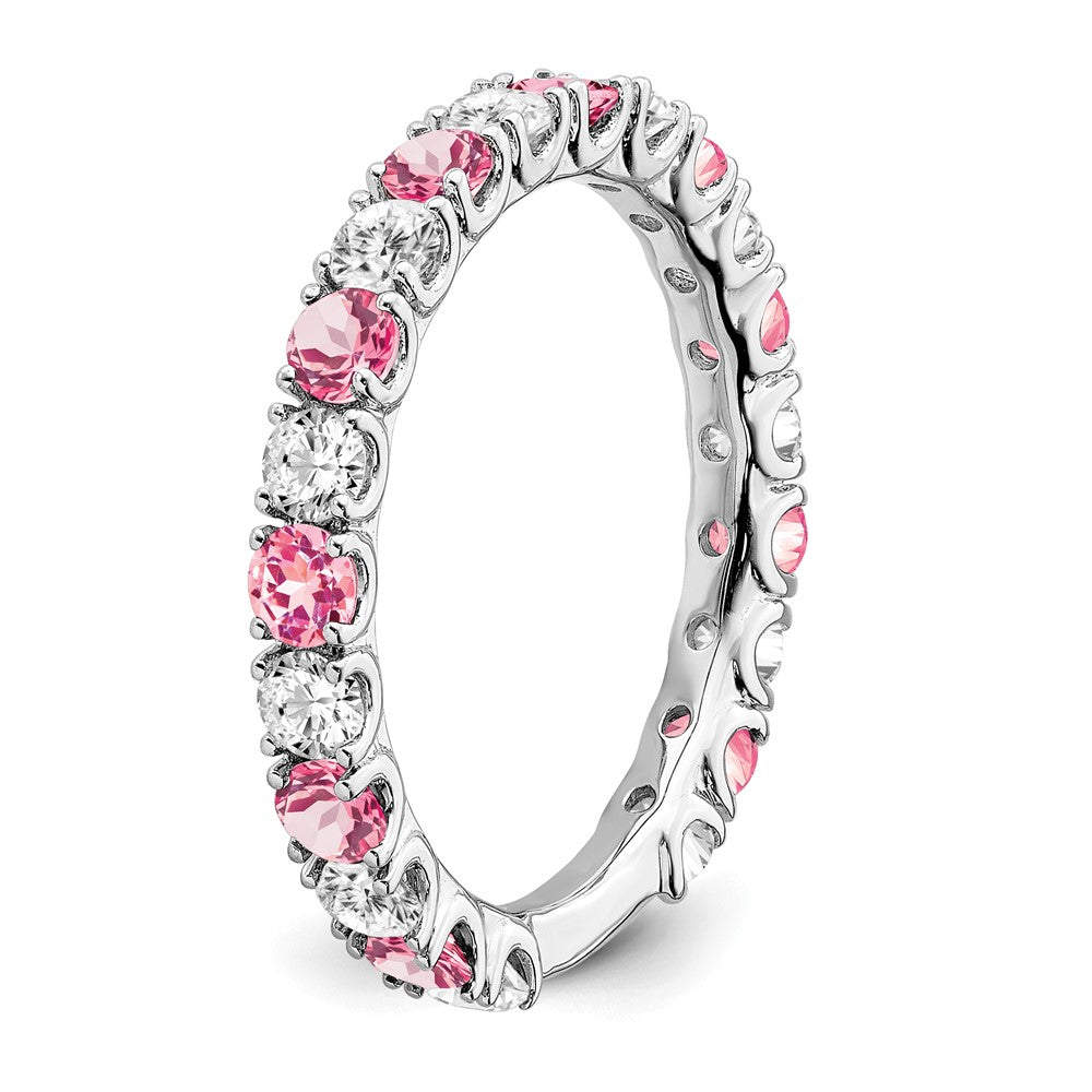 14k White Gold Created Pink Sapphire and Real Diamond Band