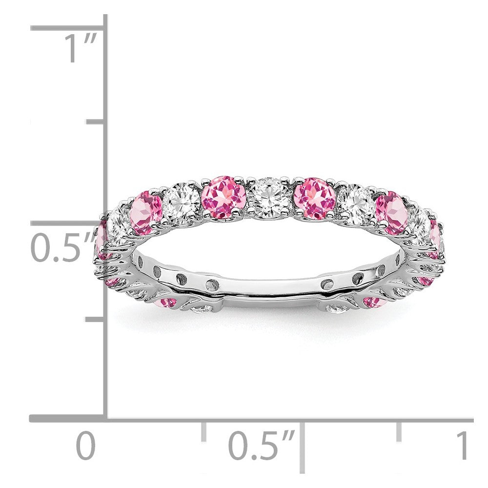 14k White Gold Created Pink Sapphire and Real Diamond Band