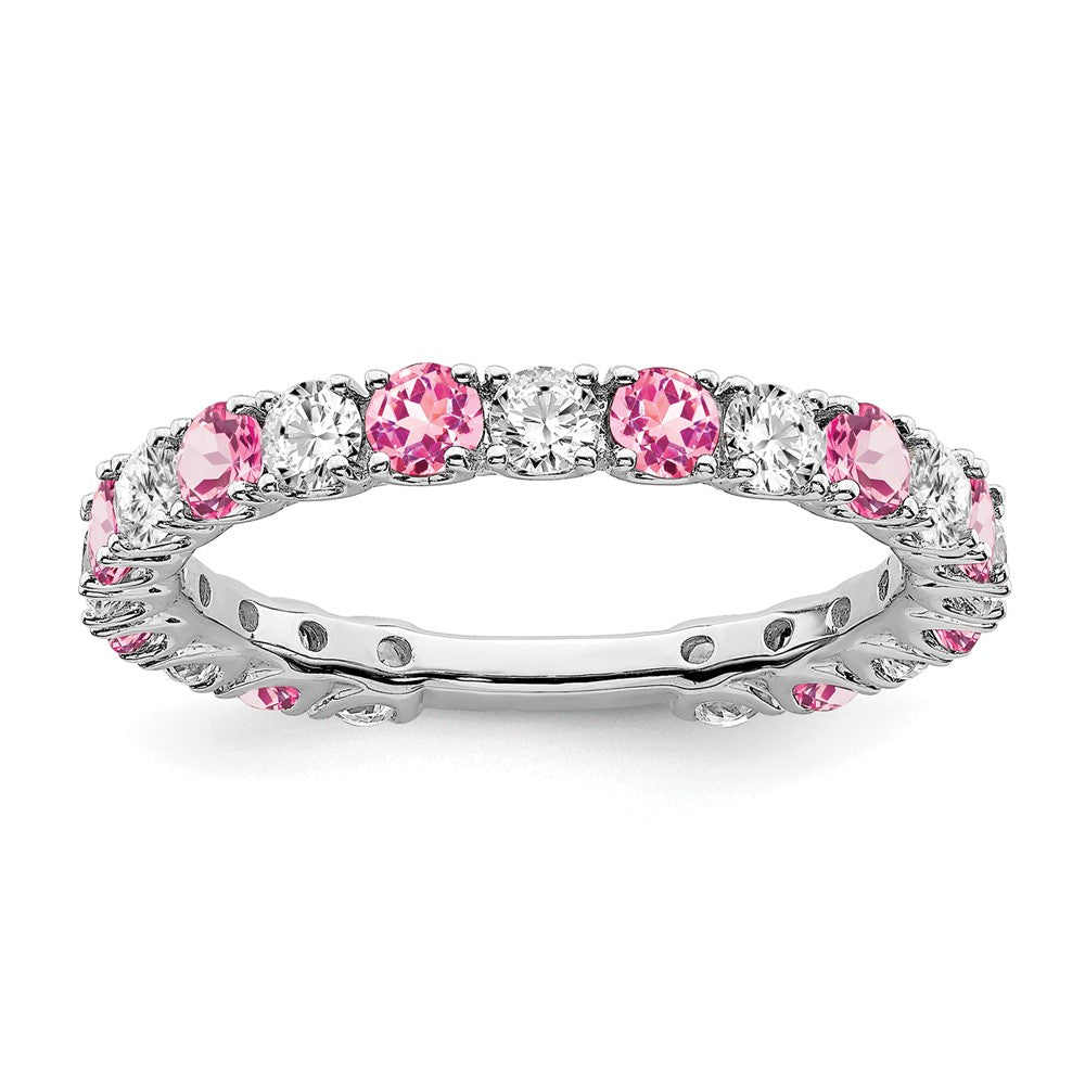 14k White Gold Created Pink Sapphire and Real Diamond Band