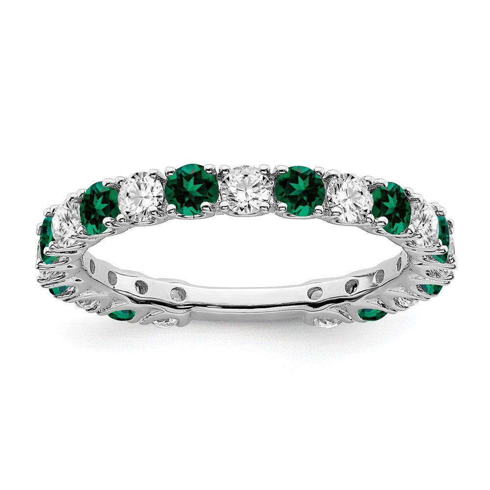 14k White Gold Created Emerald and Real Diamond Band