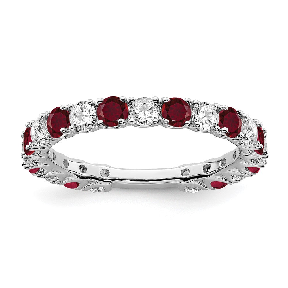 Solid 14k White Gold Created Simulated Ruby and CZ Band