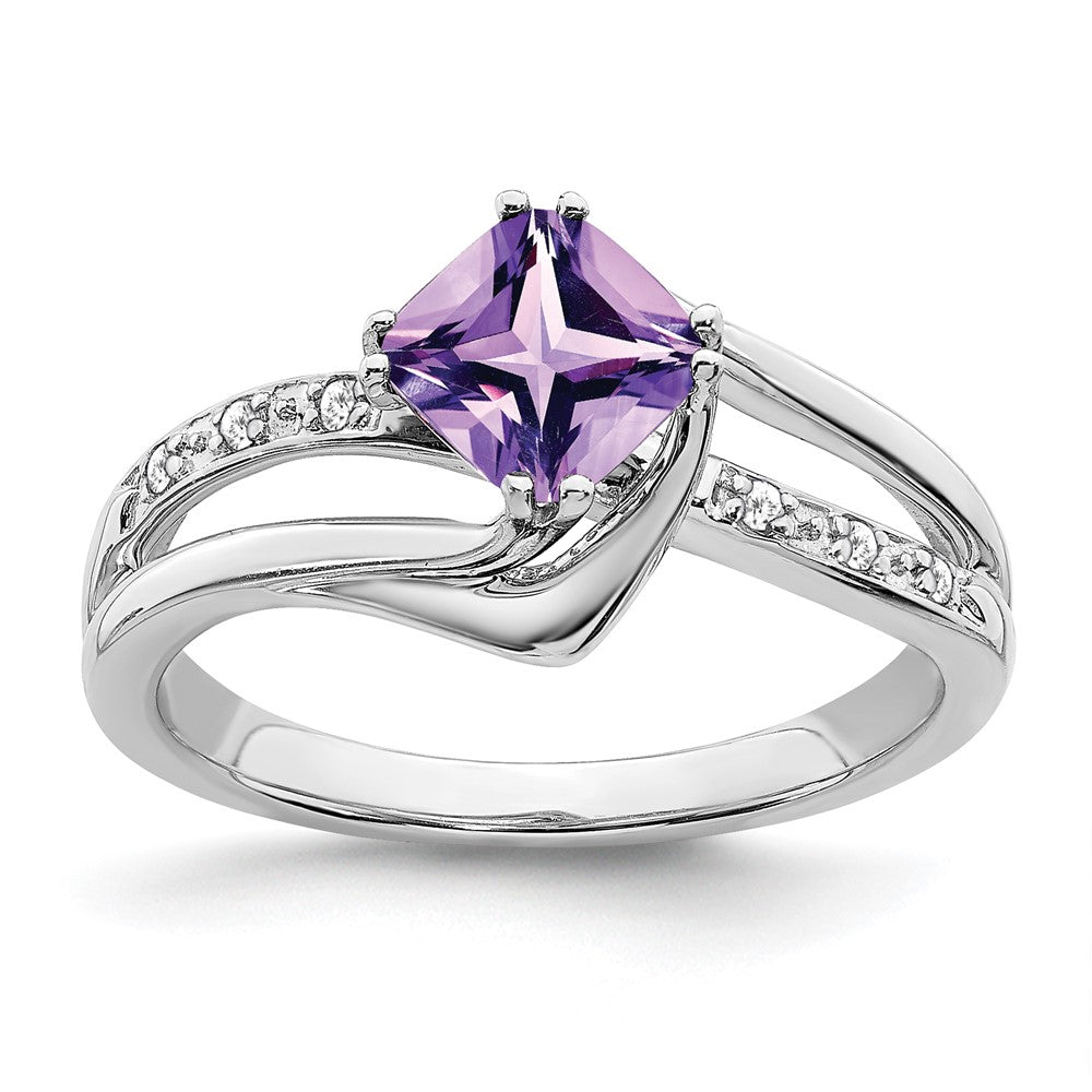 Solid 14k White Gold Simulated Amethyst and CZ Ring